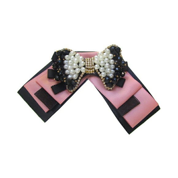 Pink & Black Bow Tie w/ Jeweled Brooch - Picture 1 of 1